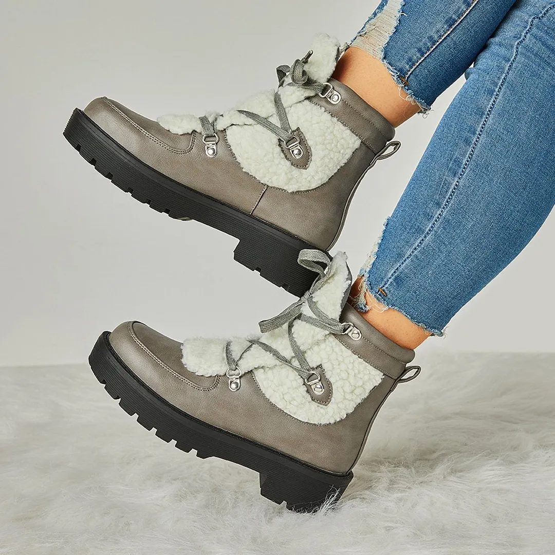 Women Faux Shearling Stiching Lace Up Snow Boots