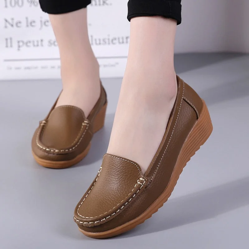 Women Flats 2022 Spring Summer Shoes Women Heels 4.3CM Genuine Leather Chaussures Femme Casual Women Loafers Ballet Flat Shoes