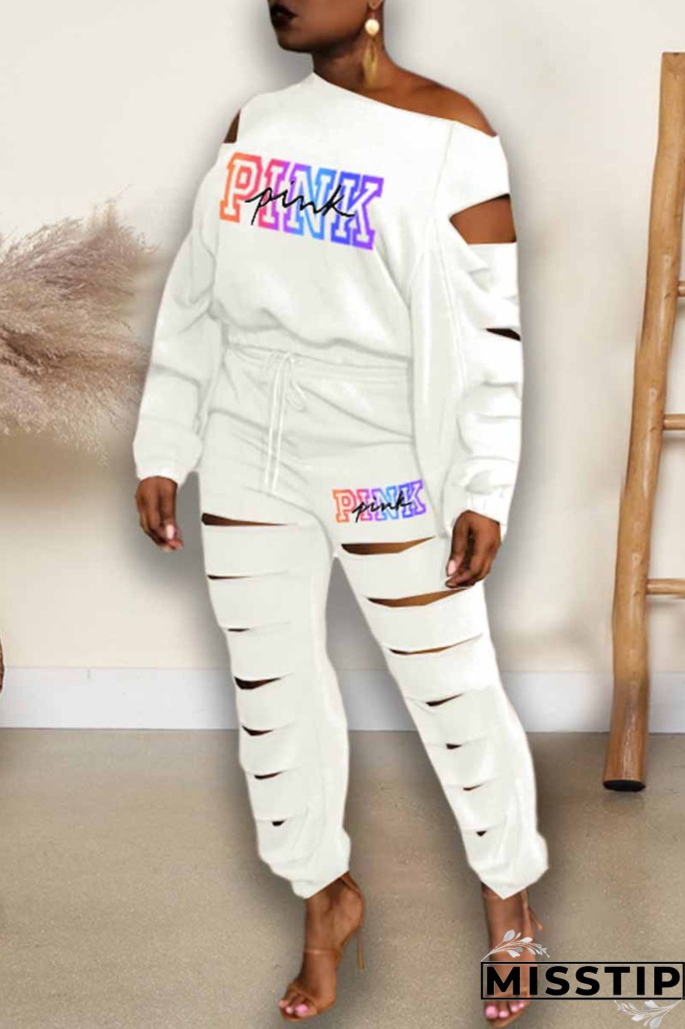 Dark Brown Street Print Ripped Letter Oblique Collar Long Sleeve Two Pieces