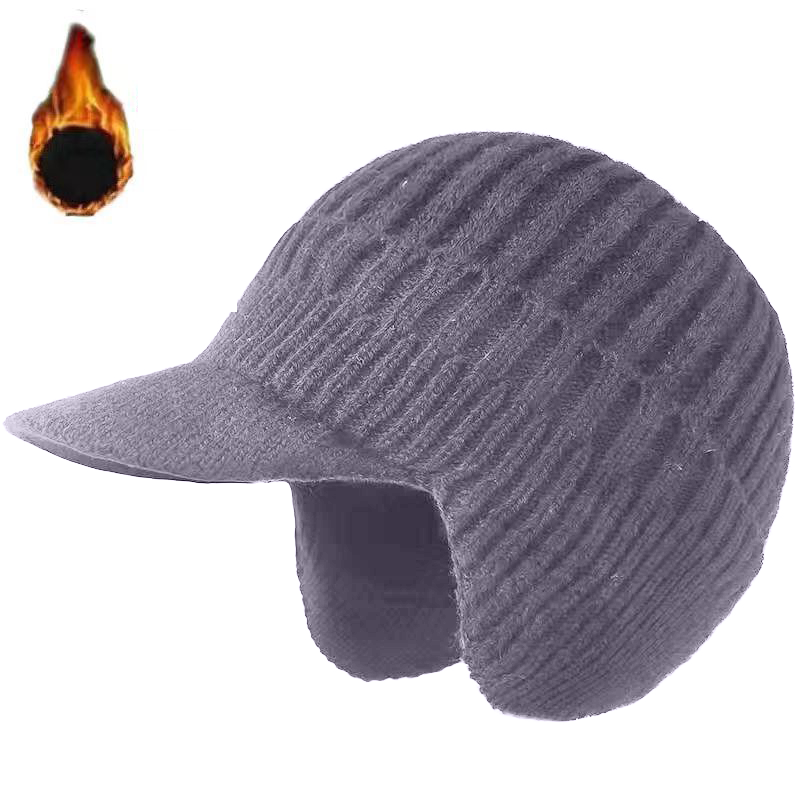 Men's Knitted Fleece Thickened Warm Ear Protection Hat With Brim