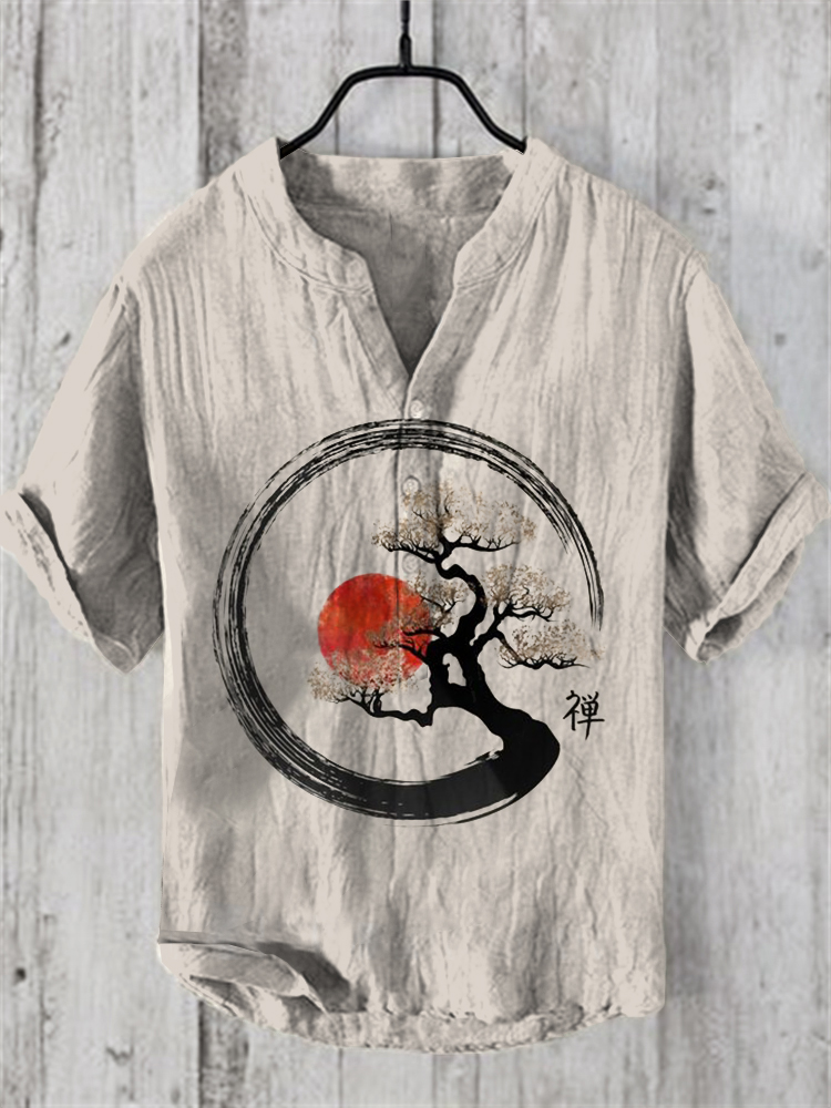 Comstylish Men's Vintage Japanese Art V Neck Casual Linen Blend Shirt