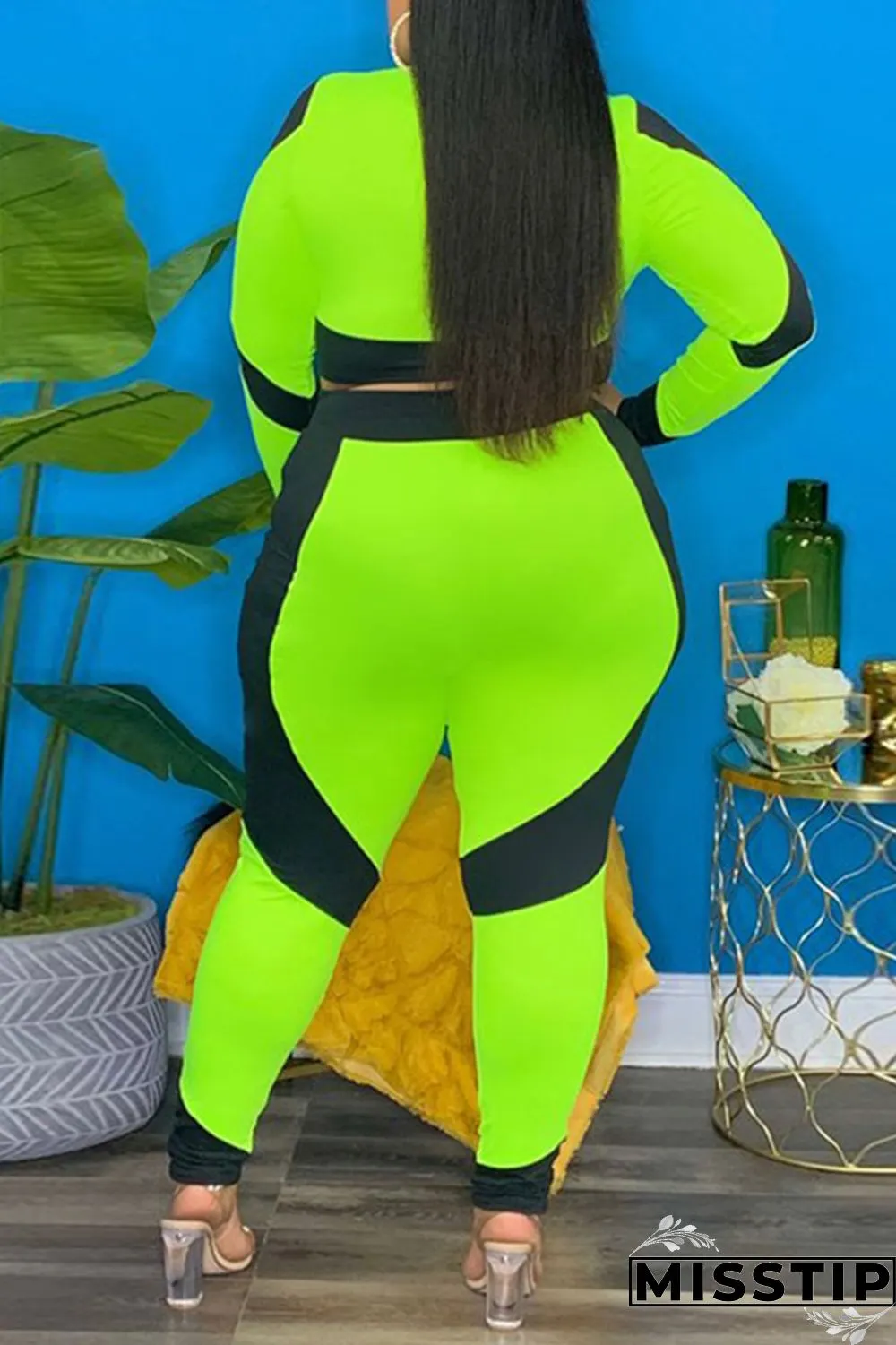 Green Fashion Casual Patchwork Zipper O Neck Plus Size Two Pieces