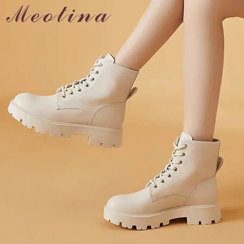 Meotina Women Genuine Leather Motorcycle Boots Round Toe Lace Up Shoes Thick Med Heel Ladies Ankle Boots 2021 Autumn Winter 40