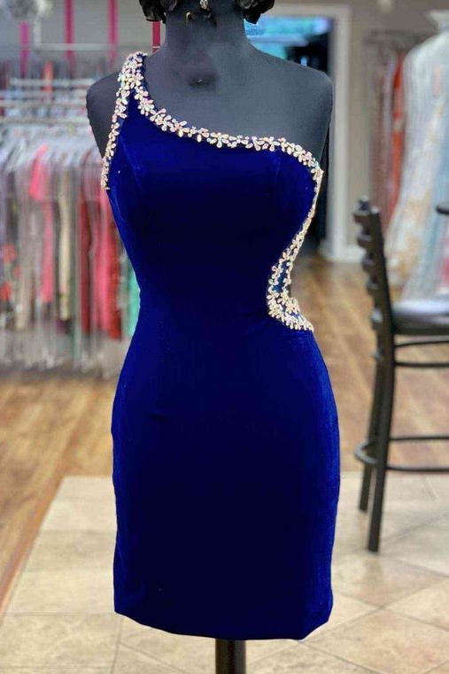 Shining Royal Blue Velvet One Shoulder Sleeveless Homecoming Dress with Beadings