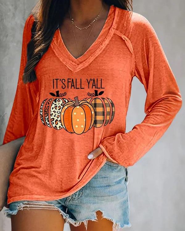Halloween Bats Print V-neck Long Sleeve Casual T-Shirt