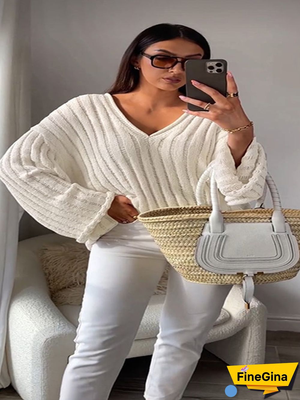 Women's Fashion Slouchy Rib Loose Pullover Rolled Edge V-Neck Sweater