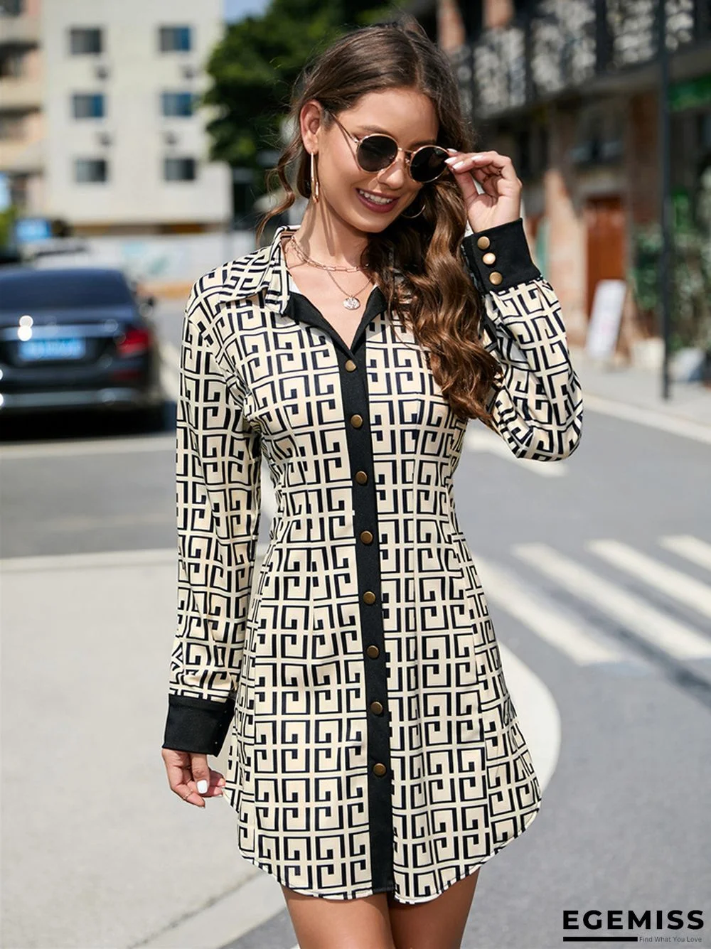 Printed Lapel Single-breasted Long-sleeved Dress | EGEMISS