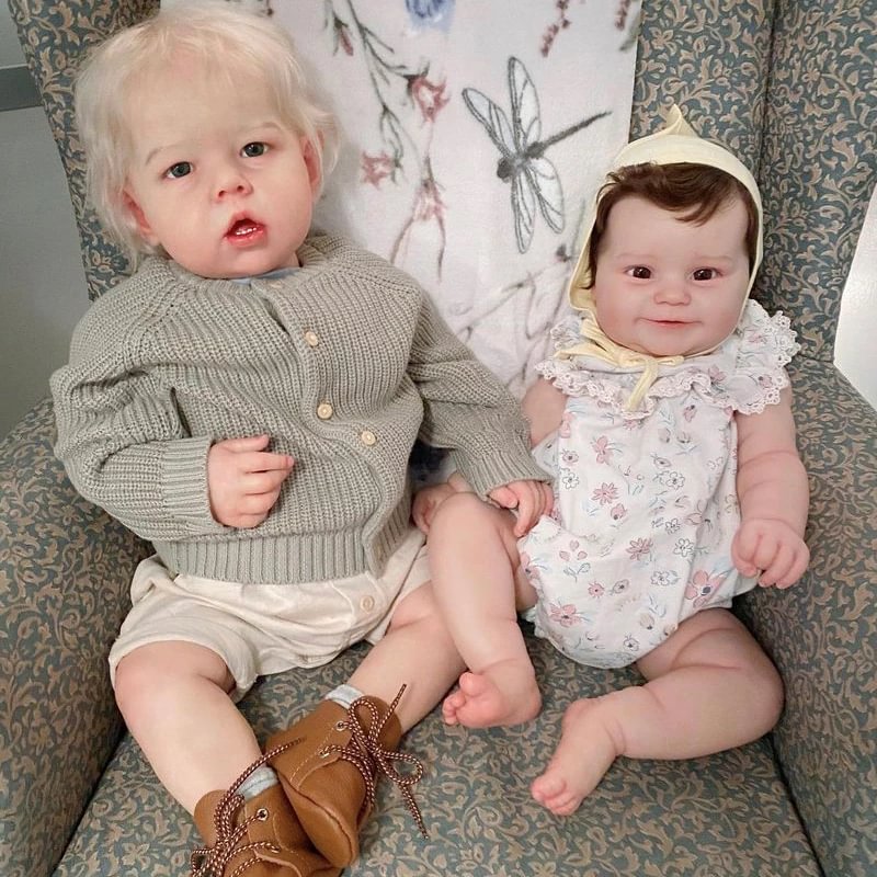 Reborn Twins Dolls 20" Cute Awake Reborn Blonde Hair Boy Abel and reborn Brown Hair Girl Betty