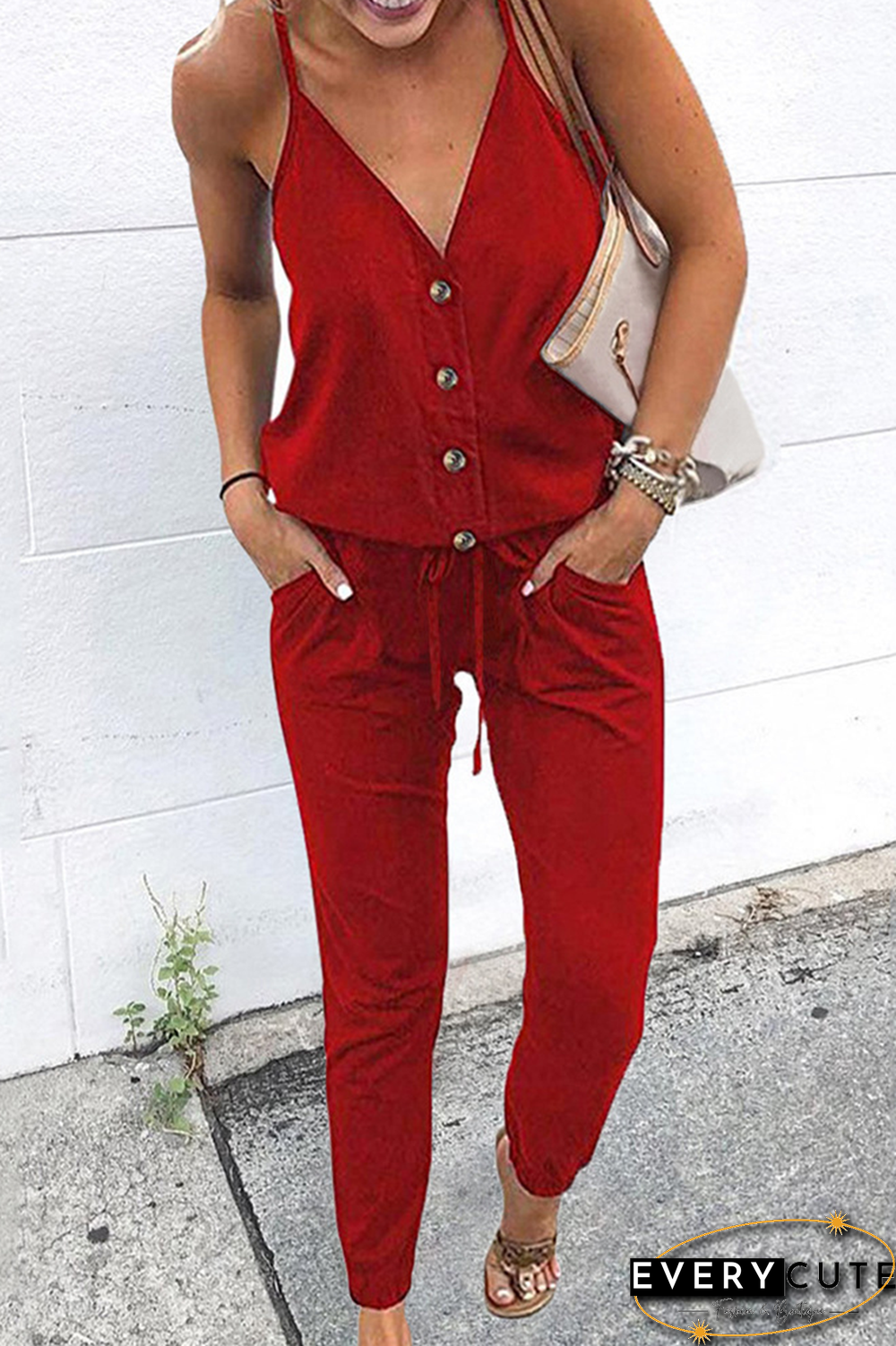 Elegant Solid Buttons With Belt V Neck Loose Jumpsuits