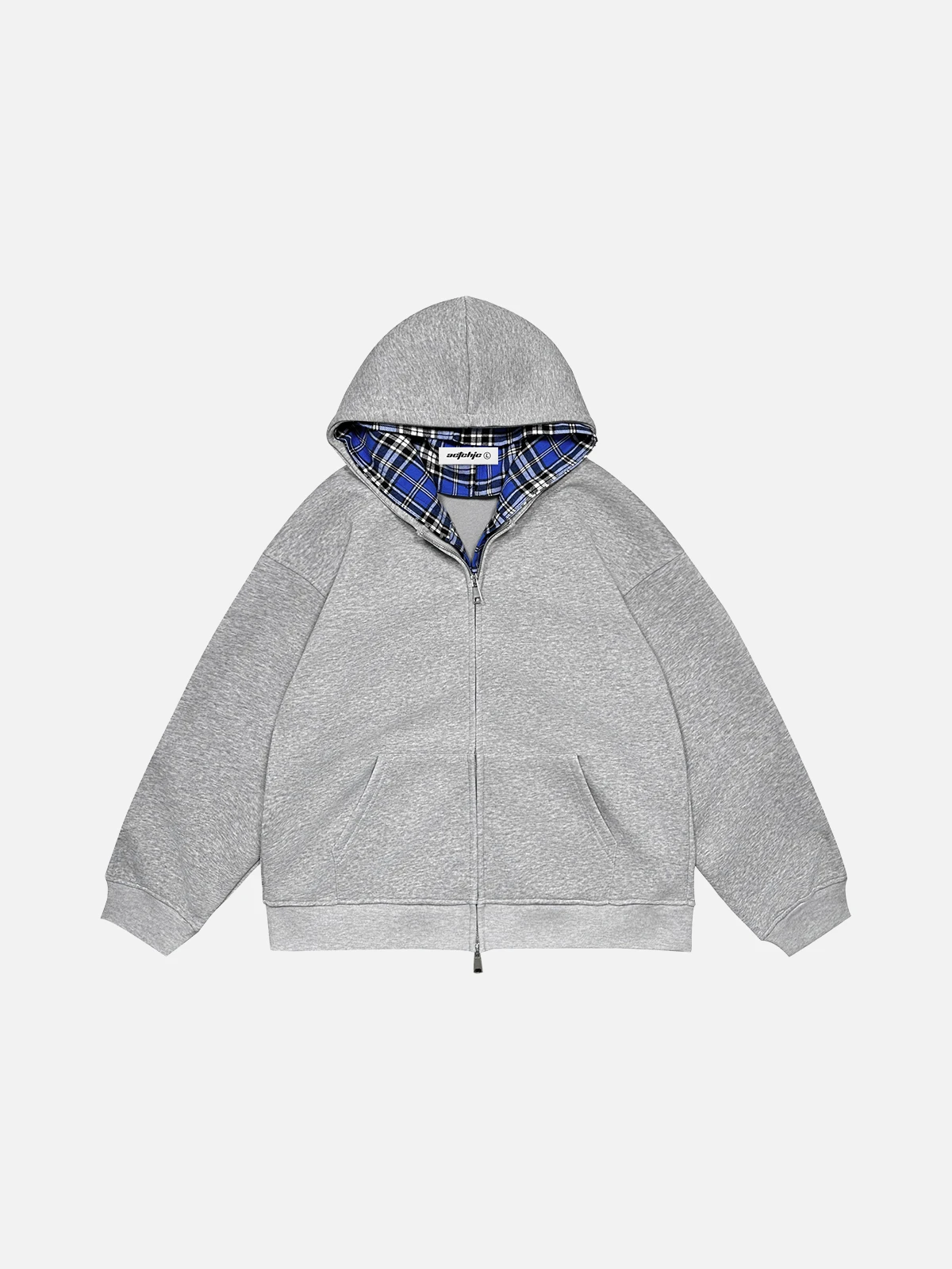 Grey Act Chic Plaid Two Layer Zip Up Hoodie Front