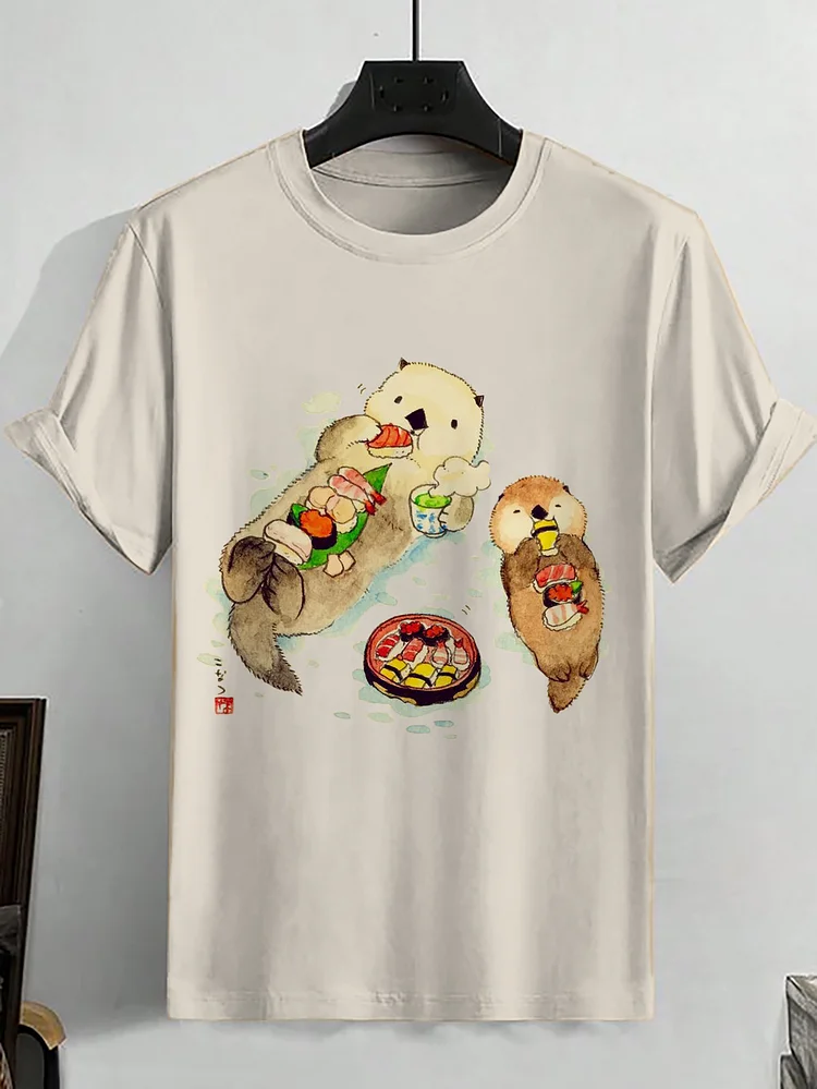 Men's Cute Otter Eating Sushi Japanese Art Print Cotton Casual T-Shirt