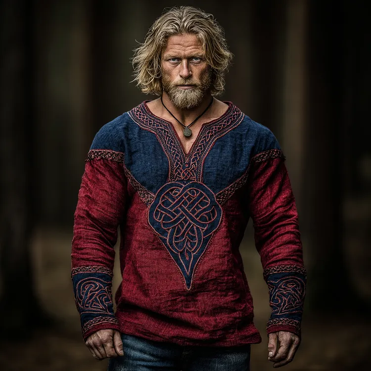 Men's Vintage Viking Celtic Knot Art Linen Long Sleeve T-shirt