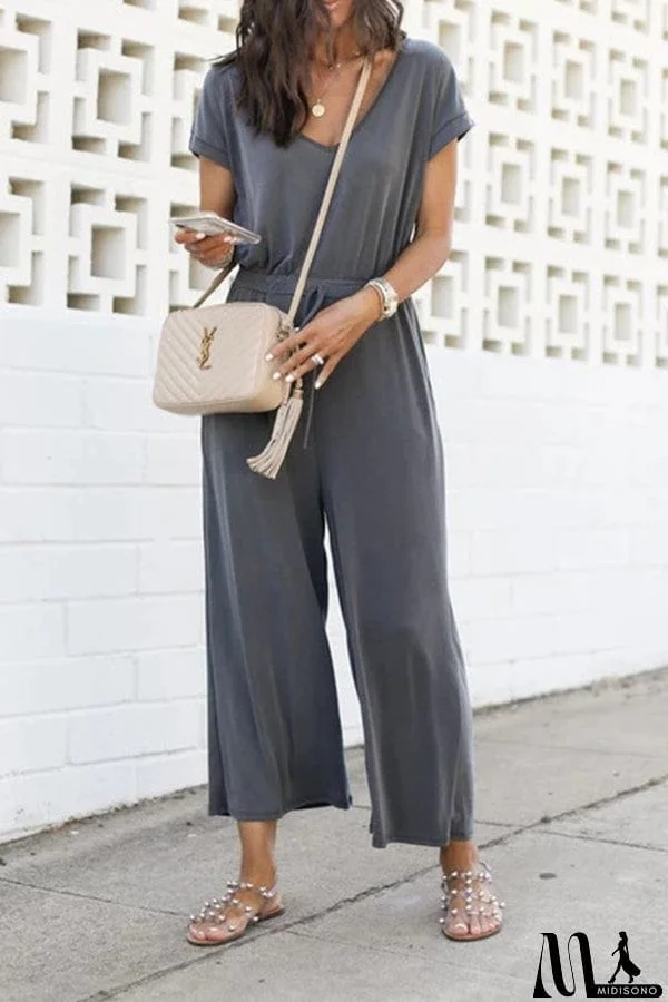 Elastic waist V neck wide leg jumpsuit women