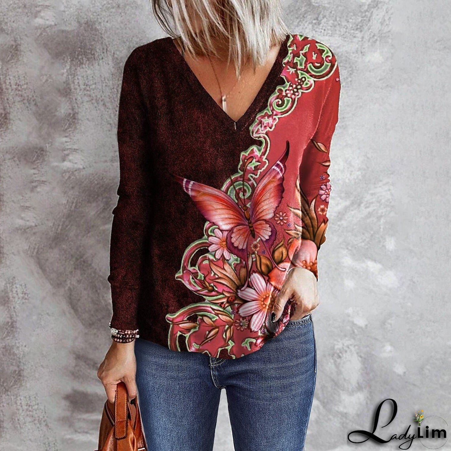 V-neck Long Sleeve Loose T-shirt for Women Flower and Butterfly Print