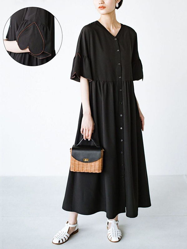 Loose Solid Color Heart Sleeve Midi Dress