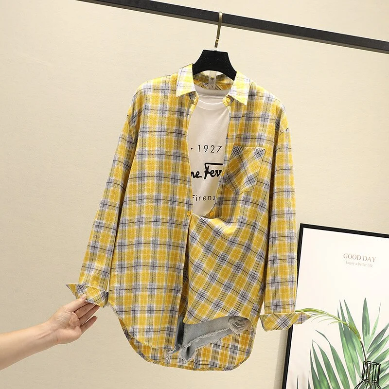 Women Blouses Shirts Tunic Womens Tops 2020 Long Sleeve Clothing Button Up Down Plaid New Fashion Autumn Turn-down Collar Good