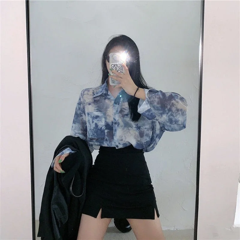 Shirts Women Fashion Tie Dye Harajuku Gothic Top New Korean Loose Casual Clothes Sun-proof Embroidery All-match Summer Holiday