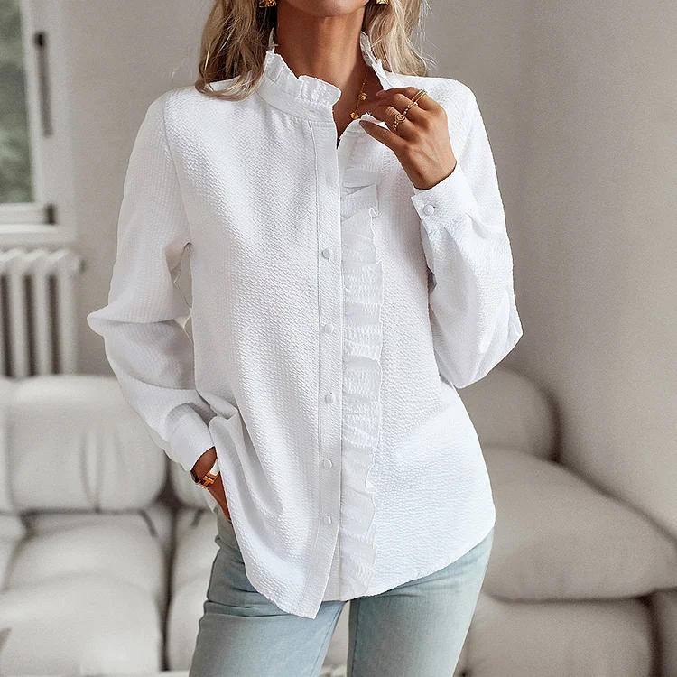 Casual Stand Collar Long Sleeve Button Ruffle Pinstripe Blouse