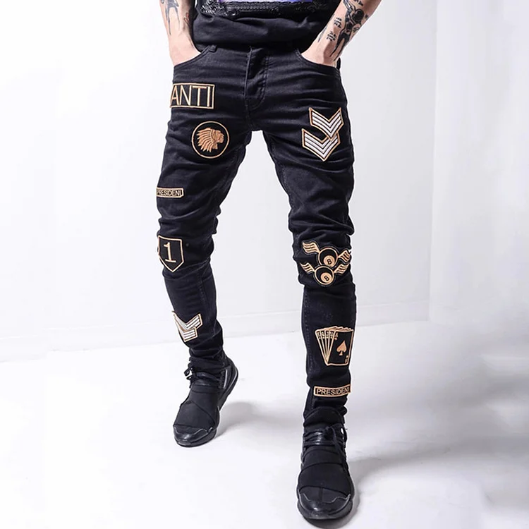 Men's Applique Embroidery Stretch Skinny Jeans