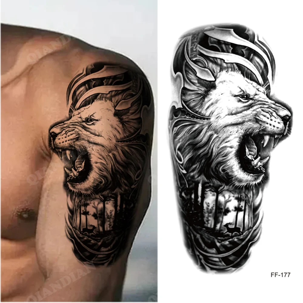 Sdrawing Waterproof Temporary Tattoo Sticker Wolf Lion King Sun Forest Tiger Mechanical Wild Boat Men Body Art Arm Fake Tatoo Women