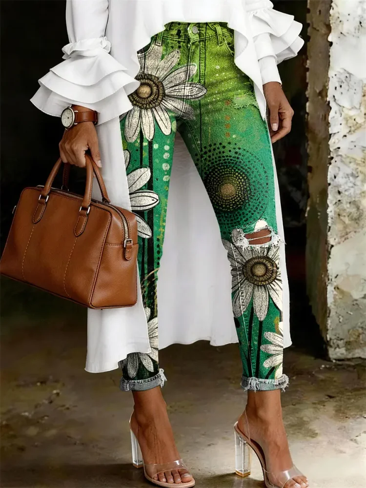 Women's Fashion Casual Multicolor Flowers Art Print Ripped Skinny Jeans