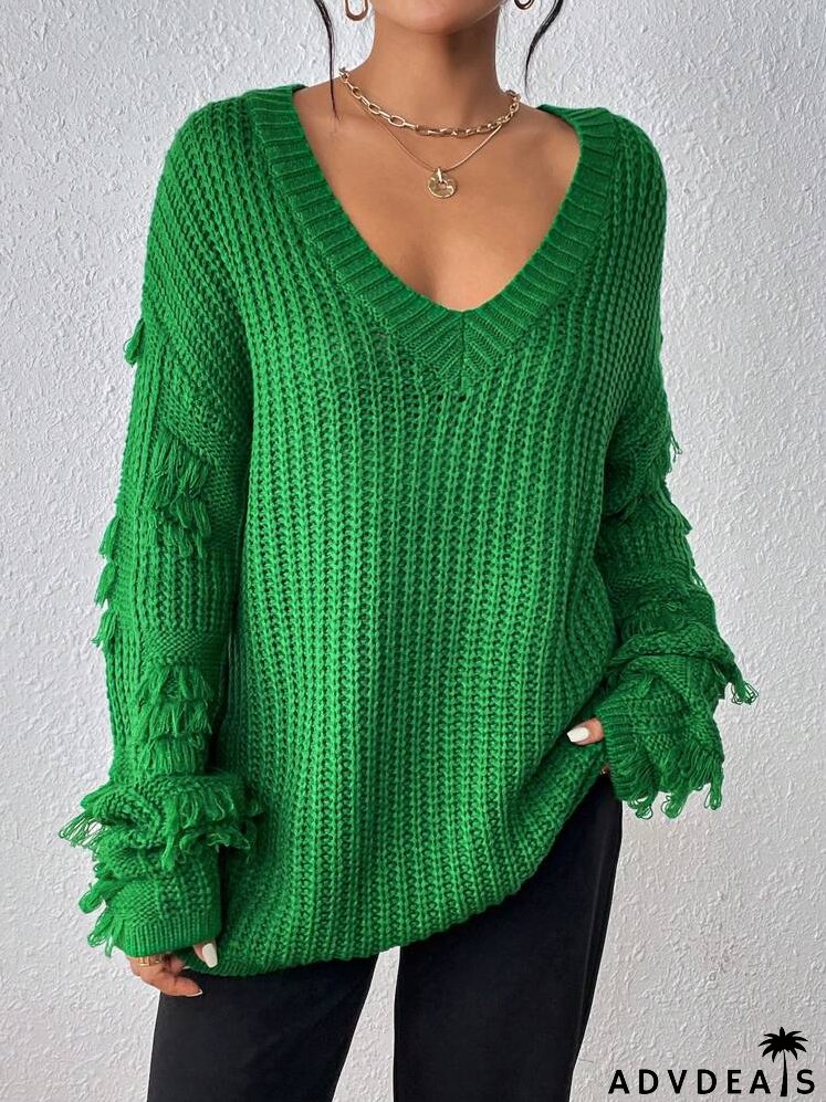 Fringe Trim Drop Shoulder Sweater