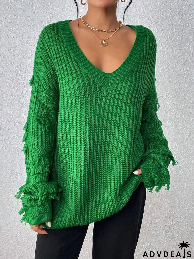 Fringe Trim Drop Shoulder Sweater
