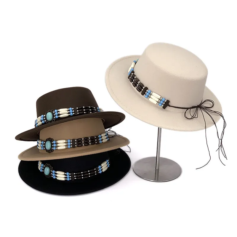 Beaded-trimmed wide-brimmed denim hat