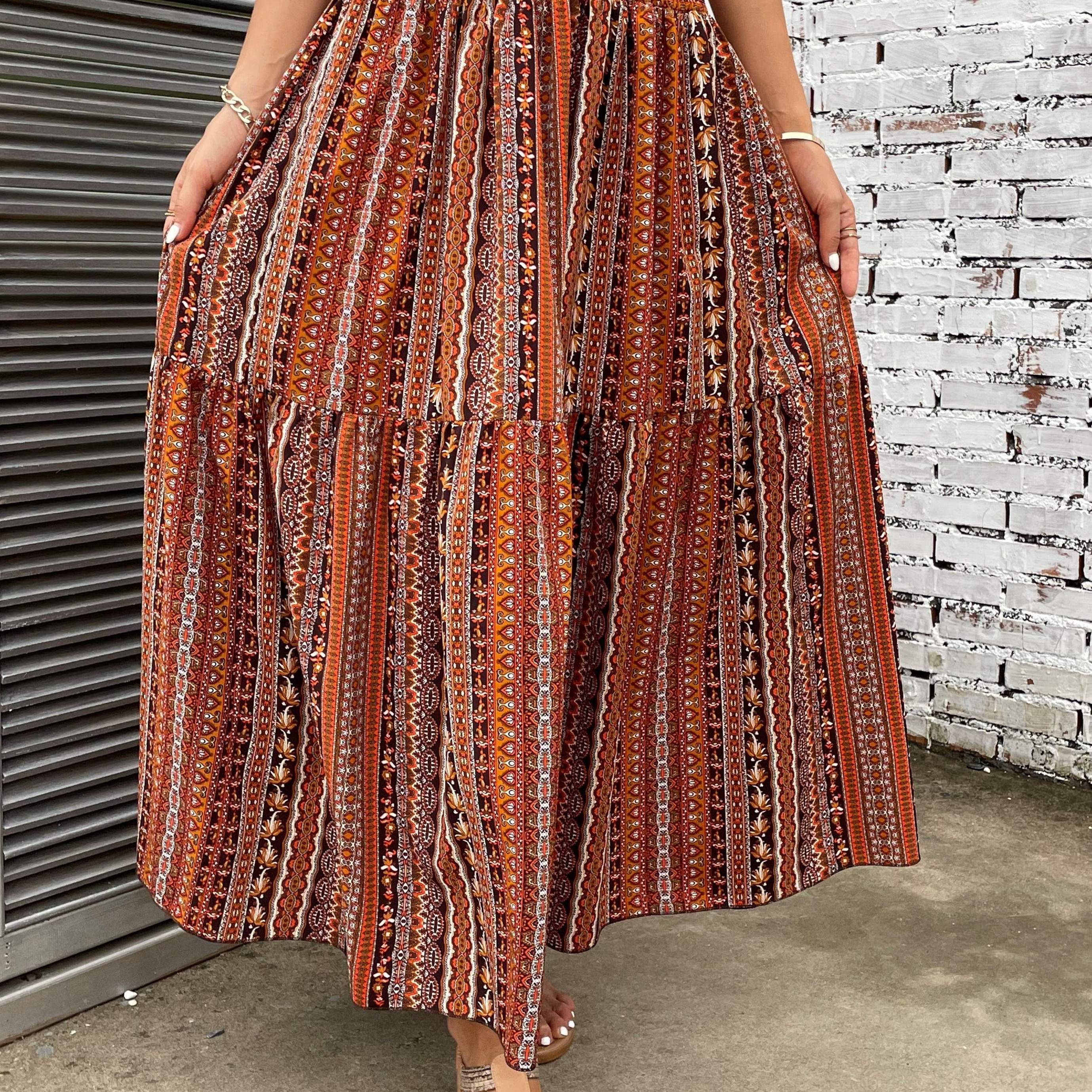 Tribal Floral Print High Waist Skirt, Casual A Line Maxi Skirt, Women's Clothing