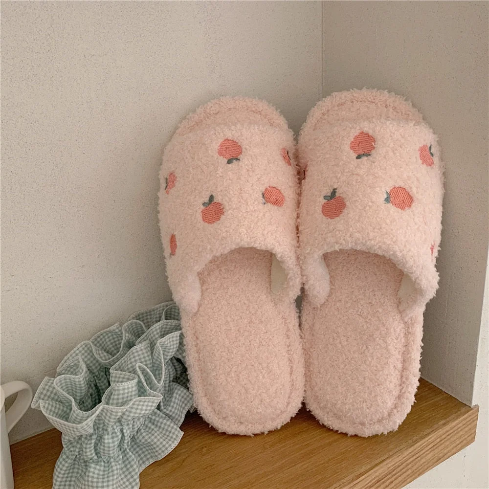 Lourdasprec Cute Fruit Slipper For Women Girls Fashion Kawaii Fluffy Winter Warm Slippers Woman Cartoon Peach House Slippers Funny Shoes