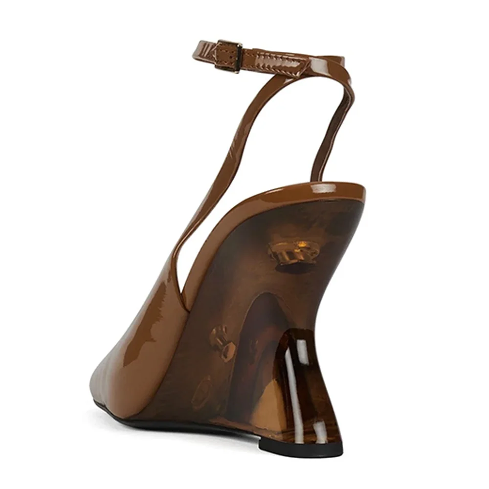 Ankle Strap Square Toe Wedge Heel Slingback Pumps Shoes with Buckle