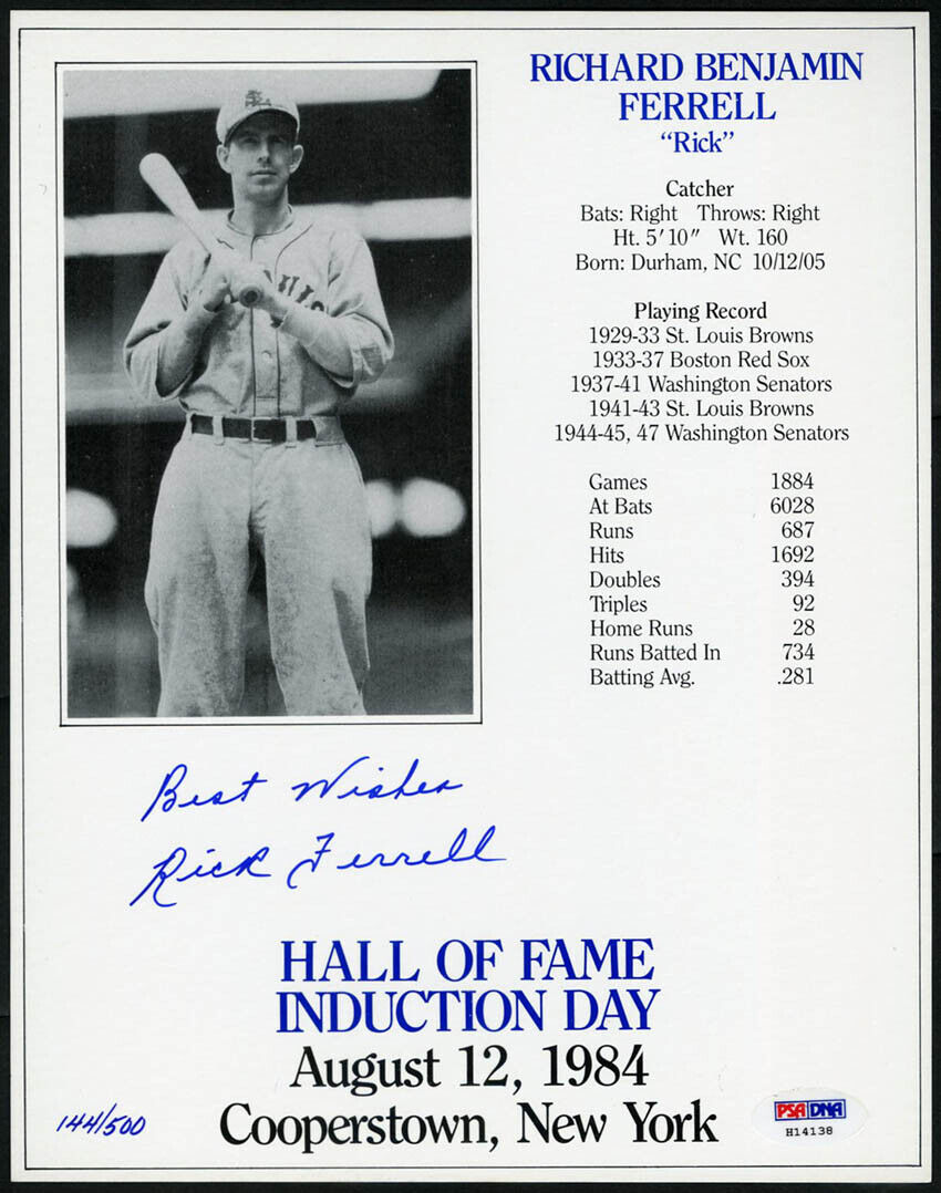 Rick Ferrell SIGNED 8x10 Photo Poster painting HOF Induction Card Brows Sox PSA/DNA AUTOGRAPHED