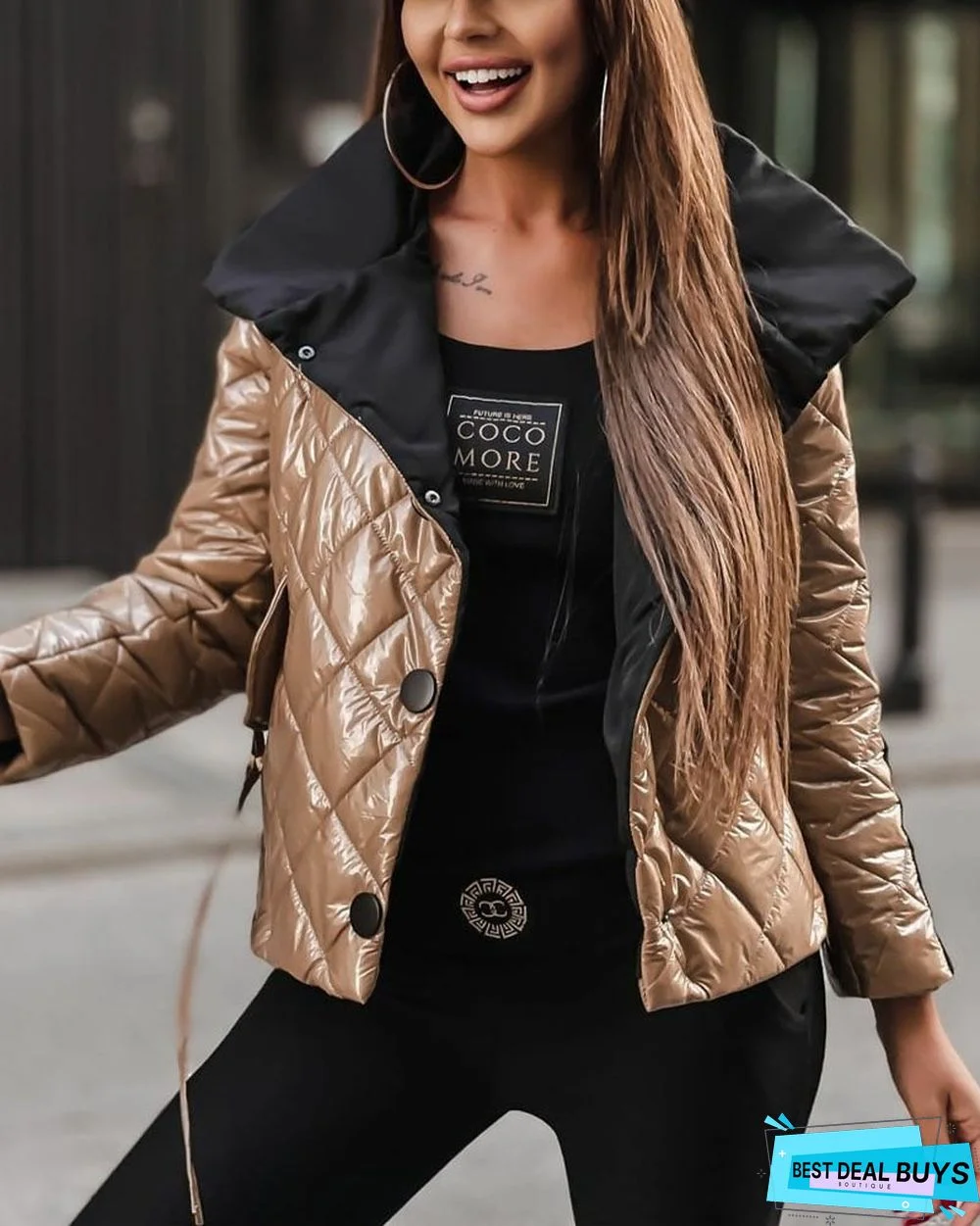 Letter Tape Patch Button Front Quilted Puffer Coat