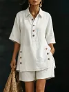 Women's Elegant Plus Size Solid Color Short-Sleeve Shirt Loose Pants Two-Piece Set