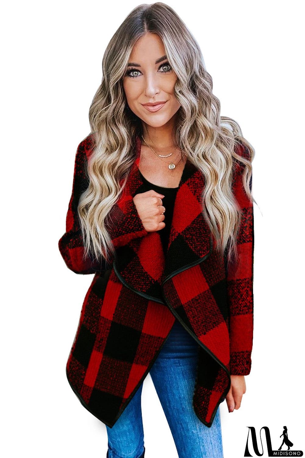 MidiSono - Plaid Long Sleeve Asymmetric Collar Open Front Coat