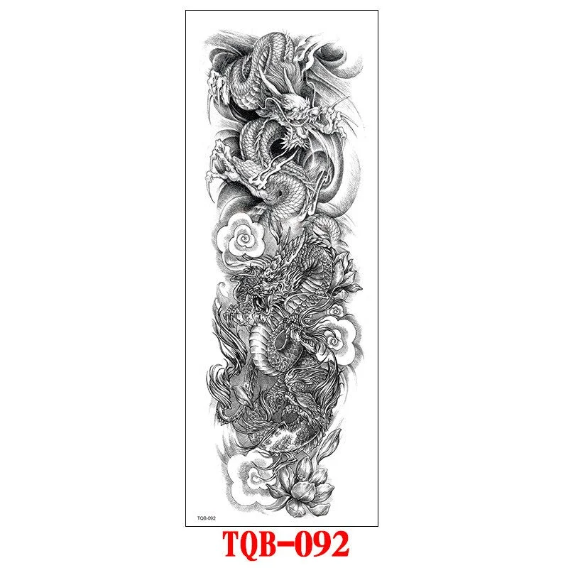FULL SLEEVE ARM TEMPORARY TATTOO, ORIENTAL DRAGON, LOTUS FLOWERS, MENS, WOMENS