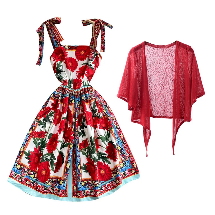 Bowknot Retro Printed Dress and Cardigan