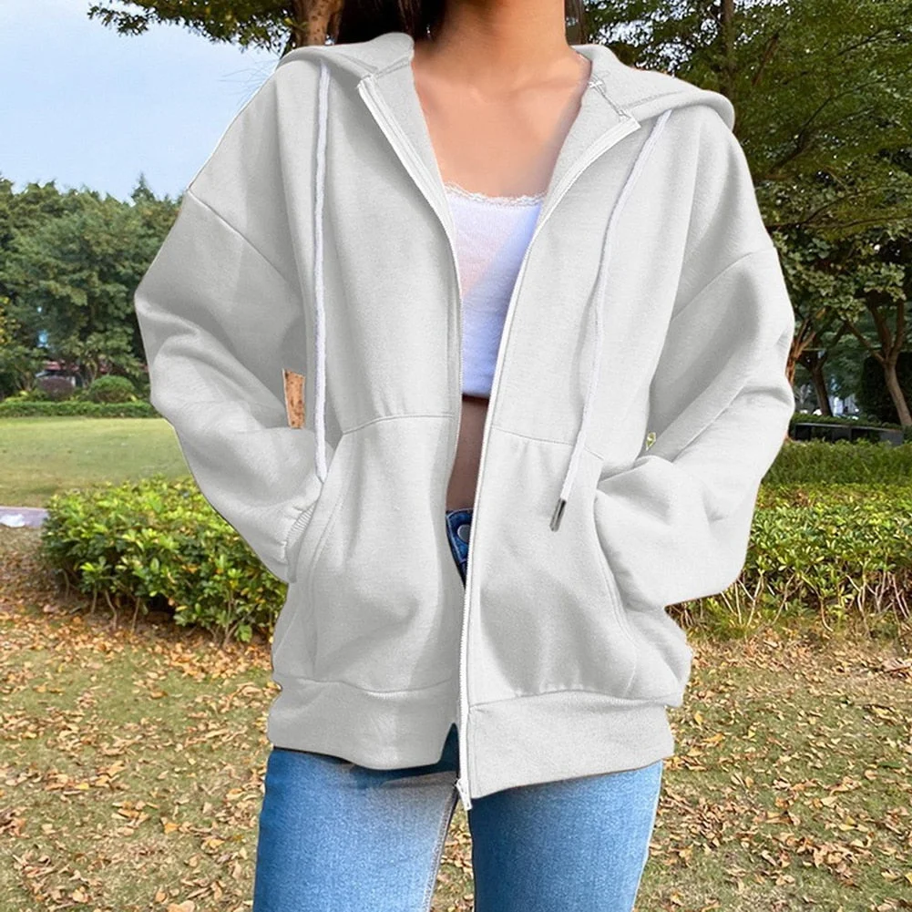 Women's Casual Loose Zip Up Hoodies Solid Color Long Sleeve Hooded Sweatshirts E-Girls Pullover Top Spring Autumn Streetwear