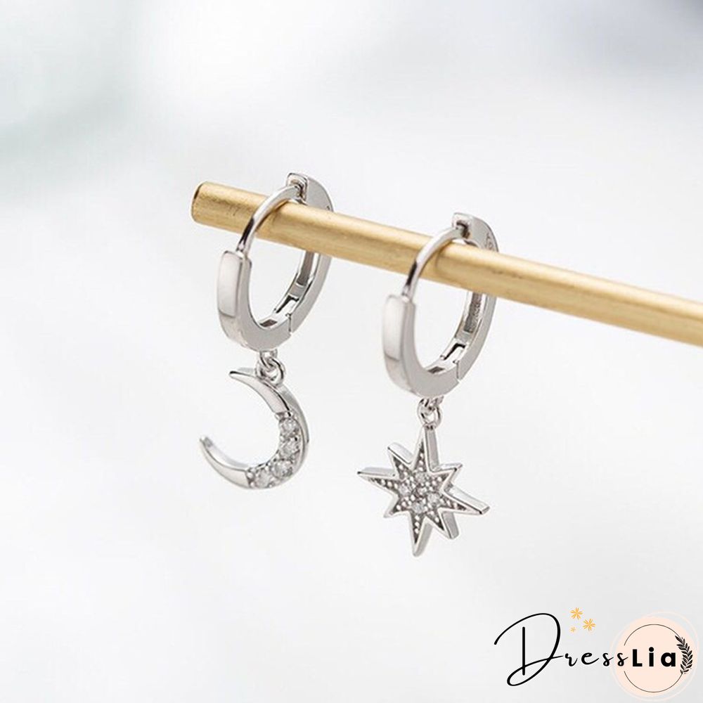 New 925 Silver Personality Asymmetric Star Moon Earrings Female Zircon Earrings Jewelry