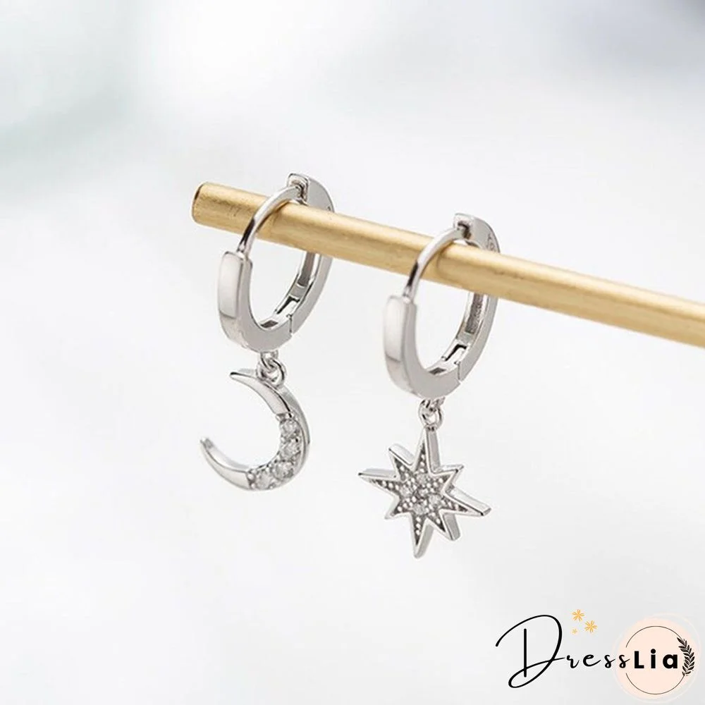 New 925 Silver Personality Asymmetric Star Moon Earrings Female Zircon Earrings Jewelry