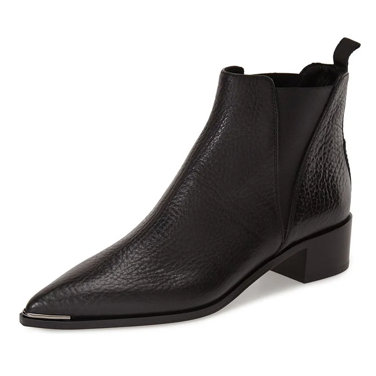 Black Chelsea Boots Pointy Toe Slip-on Chunky Heel Ankle Boots |FSJ Shoes