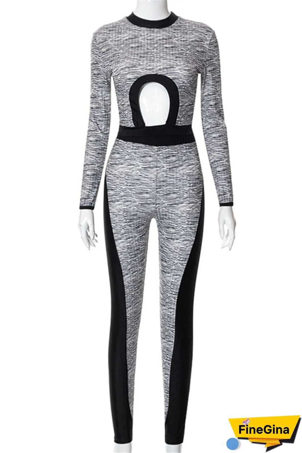 Grey Sexy Casual Patchwork Hollowed Out O Neck Long Sleeve Two Pieces