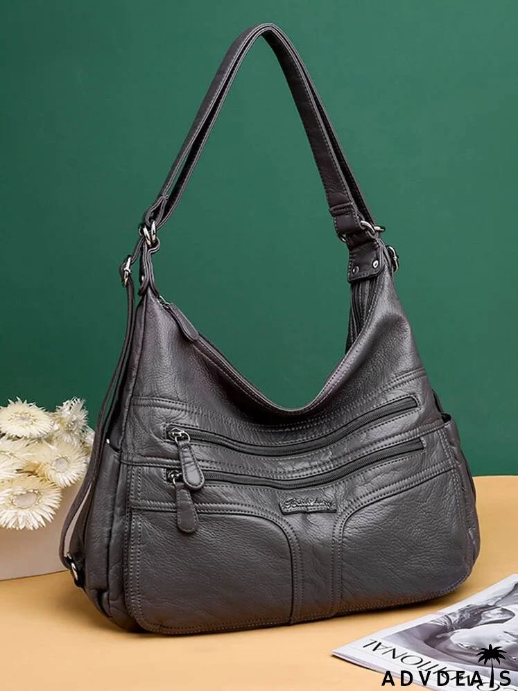 Letter Graphic Litchi Embossed Bucket Bag