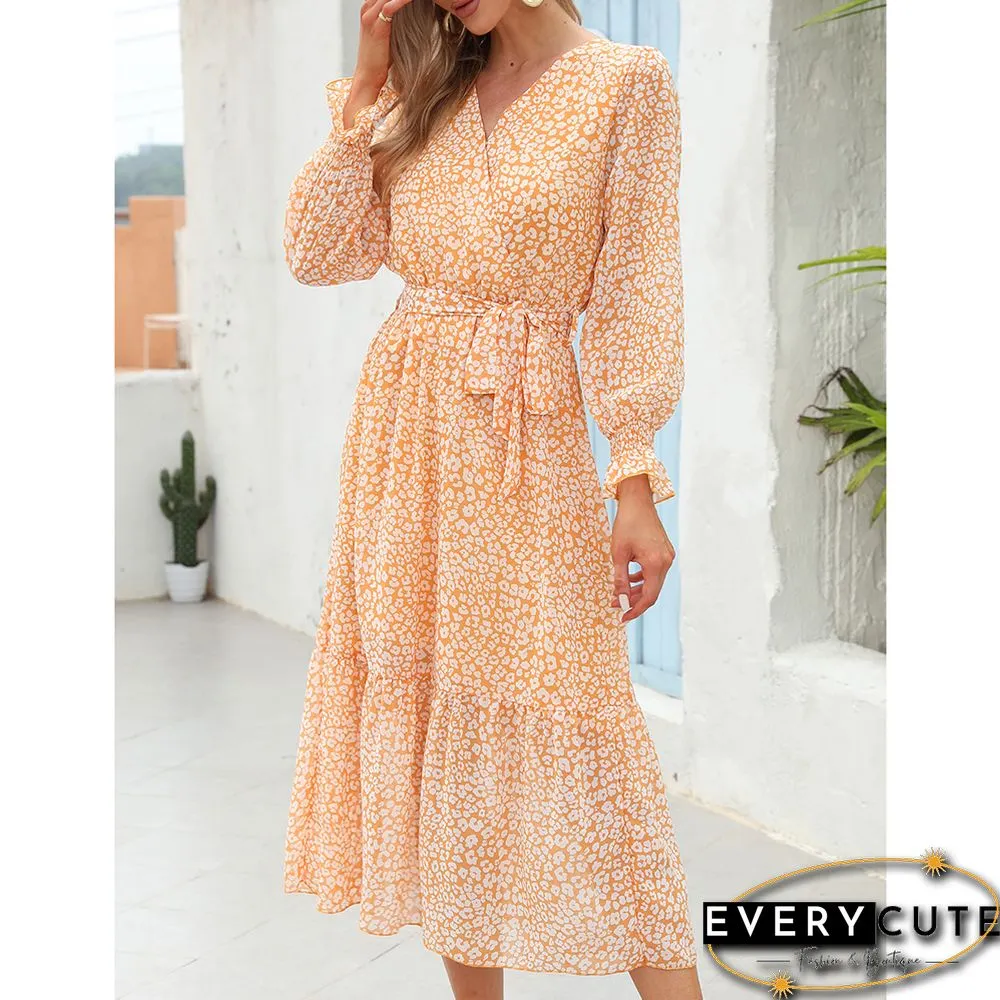 Yellow Floral Print V Neck Long Sleeve Swing Dress