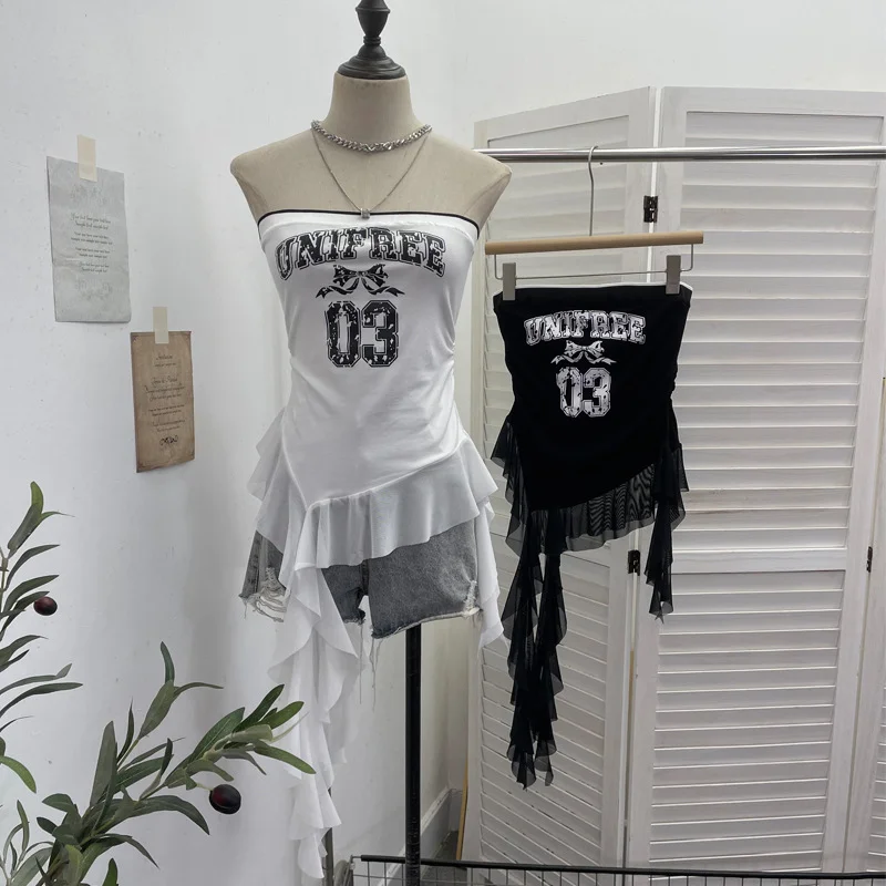 Nigikala Nigikala Shooting Retro Letter Print Bump Color Palette Vest Body Splicing Mesh Yarn With Hottie Top 8089