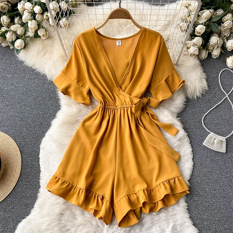 Deep V-neck Bow Knot Flouncing Overalls Shorts - Modakawa modakawa