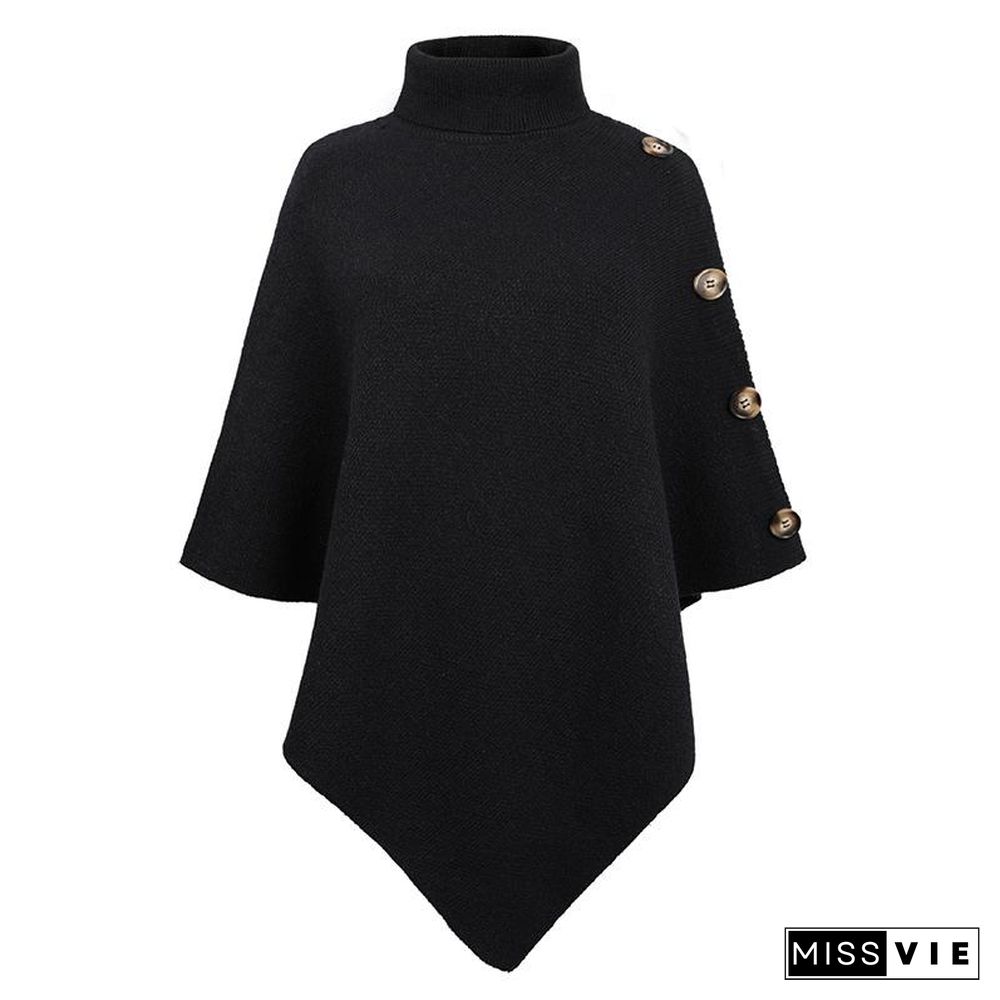 High Neck Plain Button Embellished Sweater Shawl