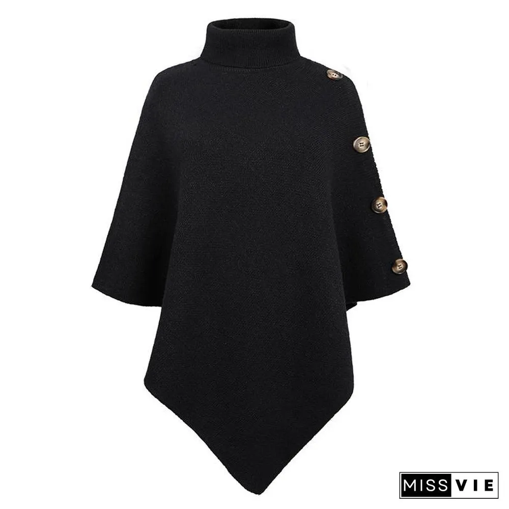 High Neck Plain Button Embellished Sweater Shawl