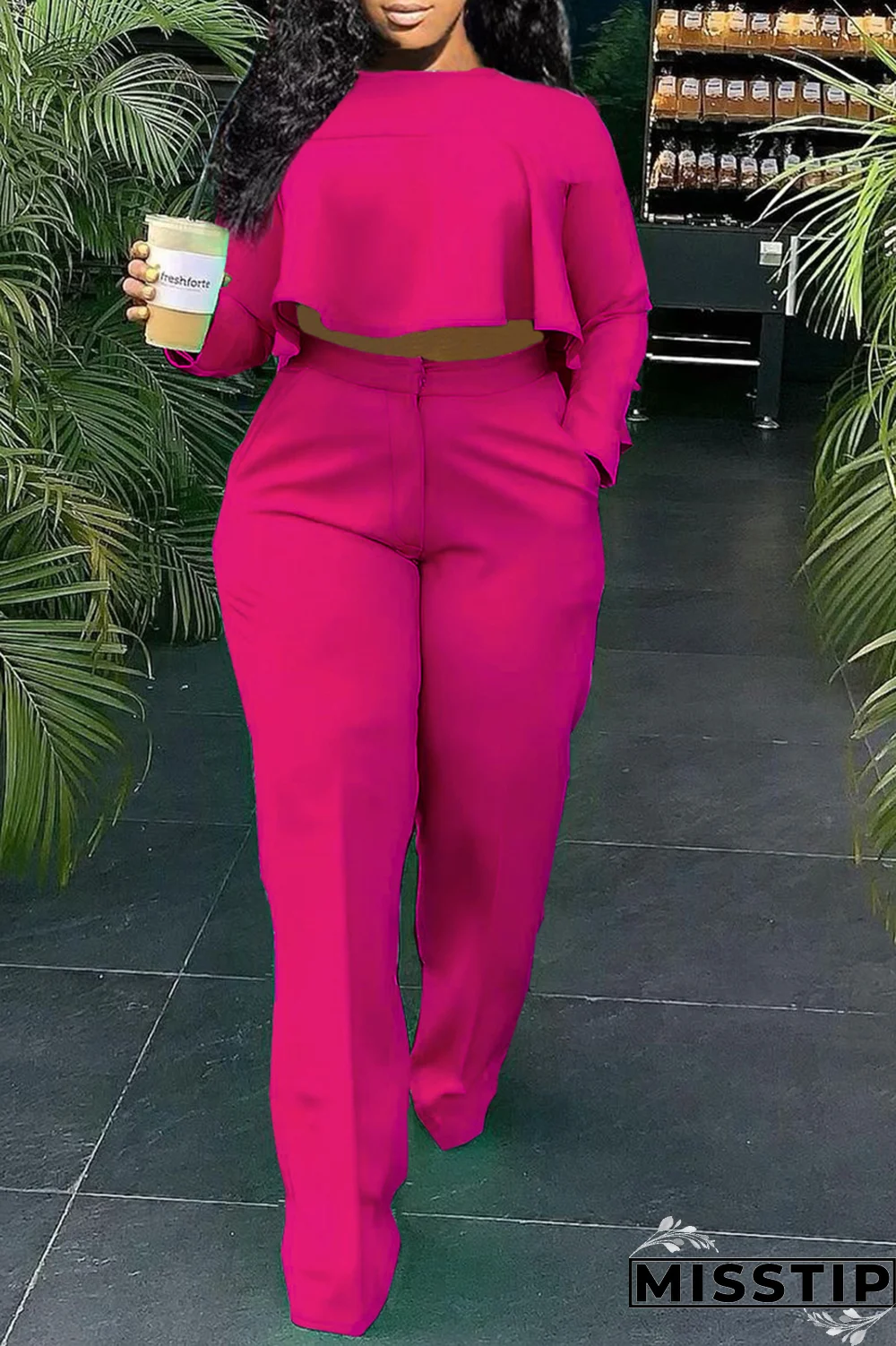 Green Casual Solid Flounce O Neck Long Sleeve Two Pieces