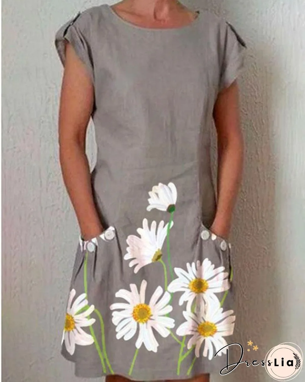 Gray Short Sleeve Floral-Print Dresses